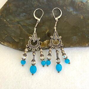 Sterling Silver 925 Blue Glass Beaded Filigree Fringe Chandelier Dangle Earrings